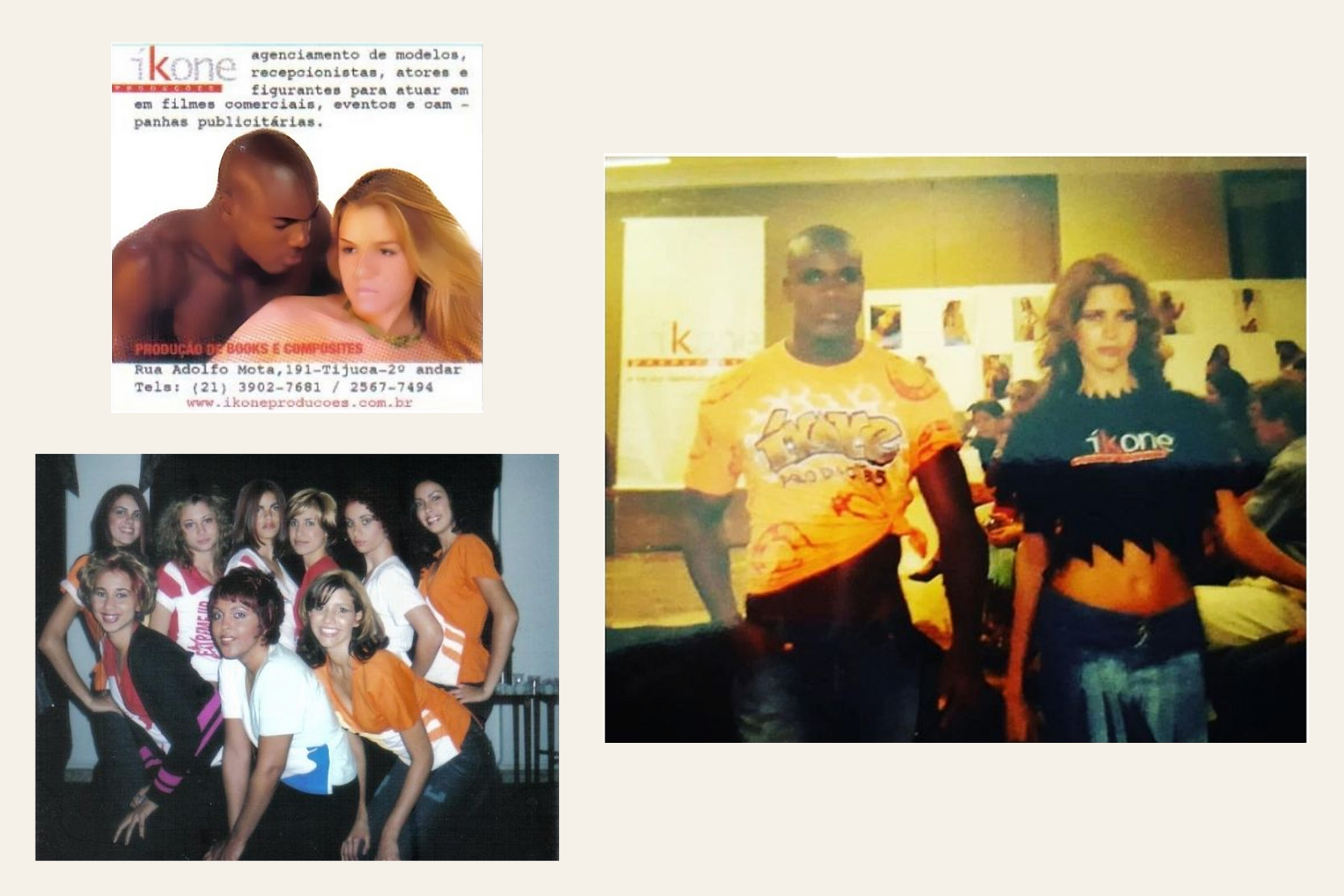 Acervo da agência Ikone com publicidade, equipe de modelos e Kelly Costta com Rafael Zulu