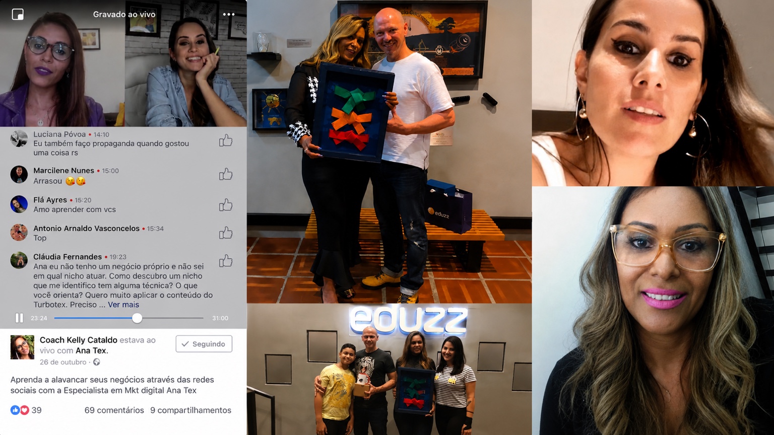 Acervo da trajetória de Kelly Costta no marketing digital, com Ana Tex e no ecossistema Eduzz